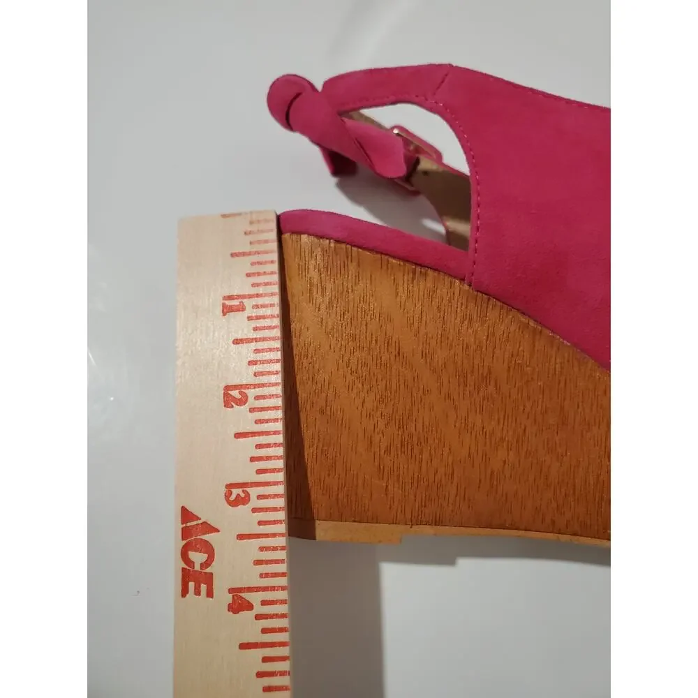 Anthropologie Bow Back Suede Leather Wood Wedge Sandal Size 6M Hot Pink Open Toe